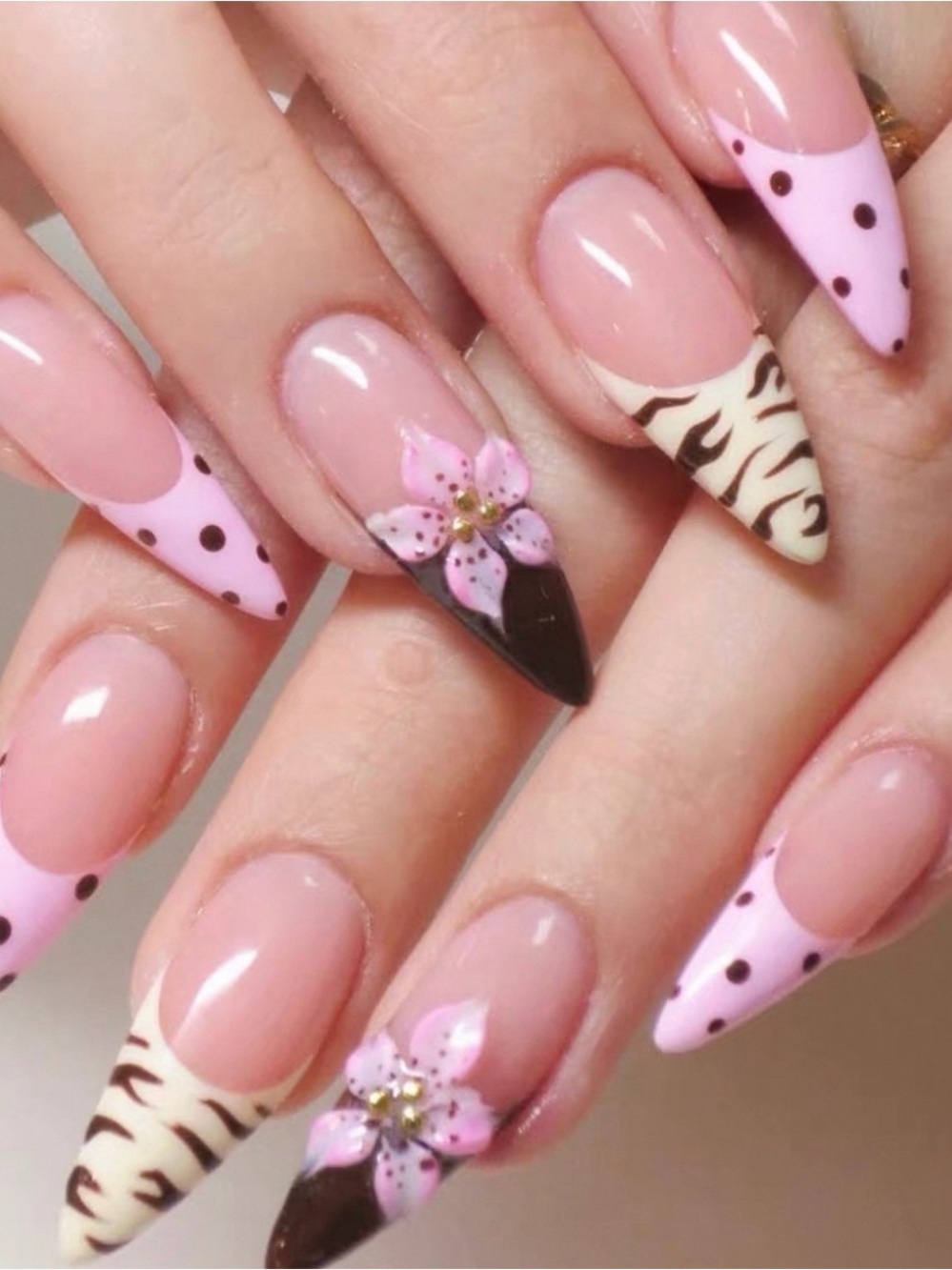 Handmade Pink Floral Press-On Nails Zebra French 3D Bow Size S